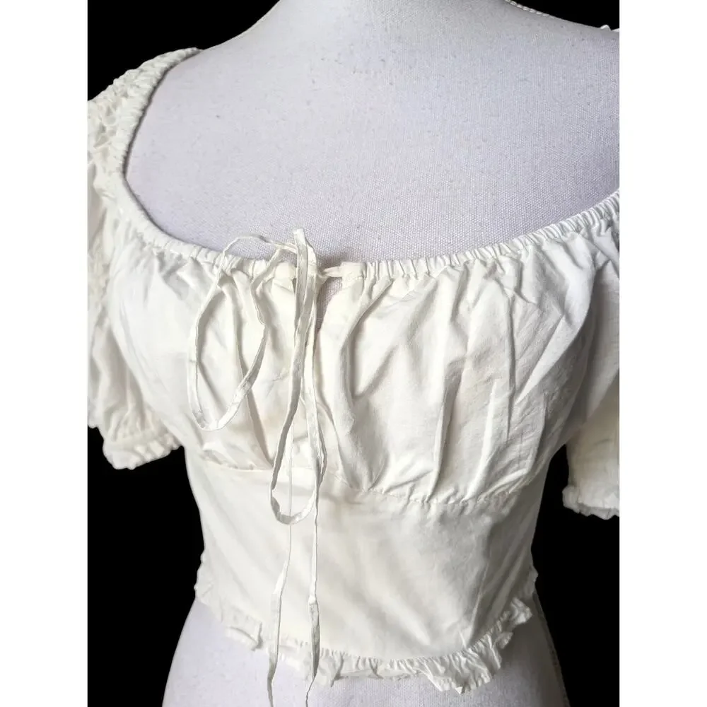 Zara White Smocked Puff Sleeve Open Back Top New Size L Coquette Y2K Milkmaid